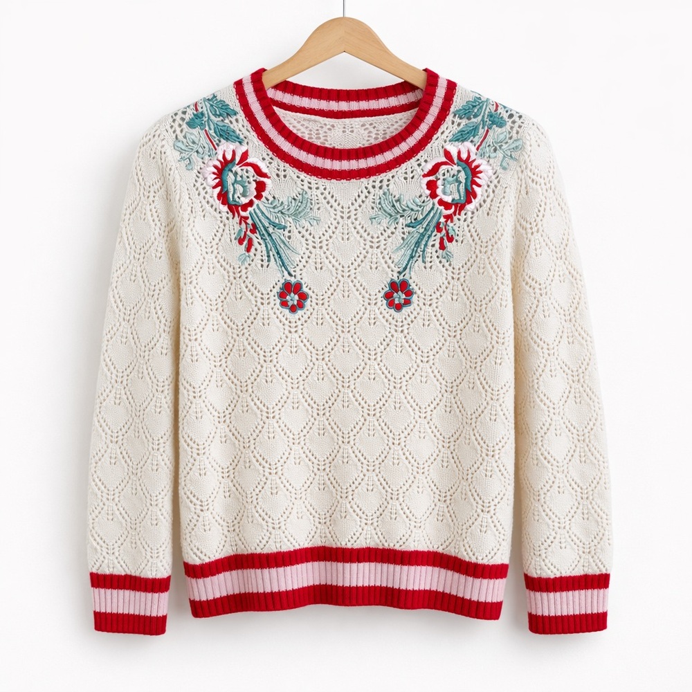 Maje Embroidered Knit Sweater Cream Red Floral Parisian Chic Pointelle Small